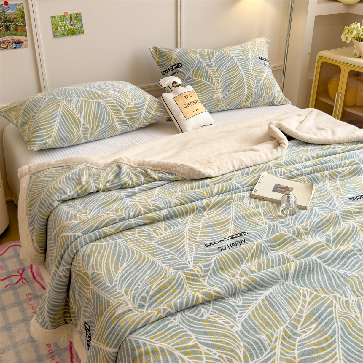 91家纺网 家纺一手货源 找家纺 慕木家纺 2025新款高克重印花牛奶绒云锦绒双层毛毯毛毯毯子（可供跨境提供买家秀） 双层毛毯-绿柏叶+白