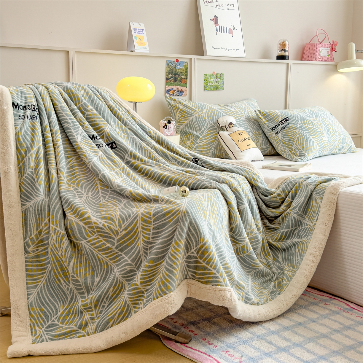 91家纺网 家纺一手货源 找家纺 慕木家纺 2025新款高克重印花牛奶绒云锦绒双层毛毯毛毯毯子（可供跨境提供买家秀） 双层毛毯-绿柏叶+白