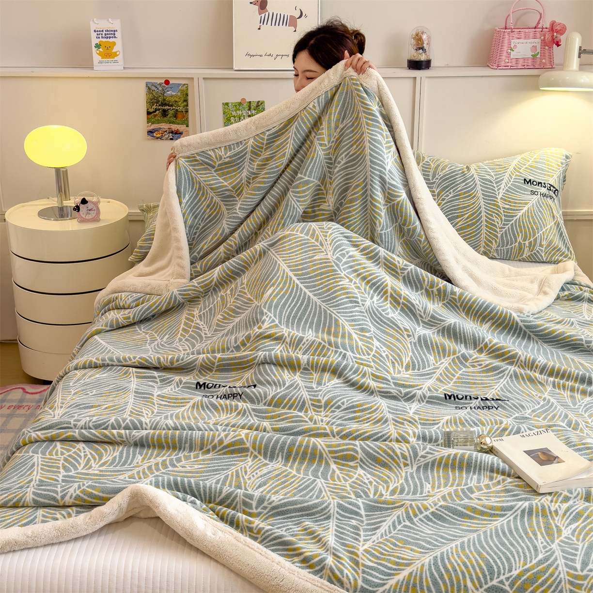 91家纺网 家纺一手货源 找家纺 慕木家纺 2025新款高克重印花牛奶绒云锦绒双层毛毯毛毯毯子（可供跨境提供买家秀） 双层毛毯-绿柏叶+白