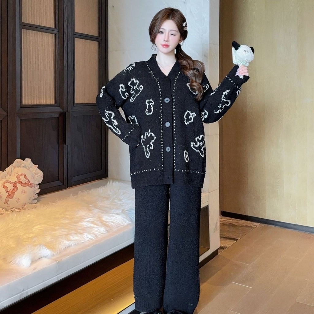 91家纺网 家纺一手货源 找家纺 洛兰沙家居馆 2025新款半边绒睡衣女高级感开衫直筒裤家居服加厚可外穿百搭睡衣家居服 半边绒30