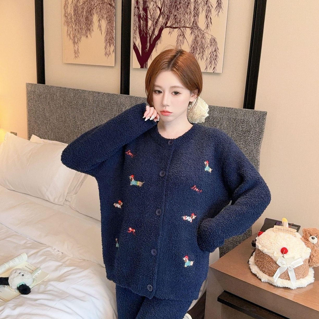 洛兰沙家居馆 2025新款半边绒睡衣女高级感开衫直筒裤家居服加厚可外穿百搭睡衣家居服 半边绒17