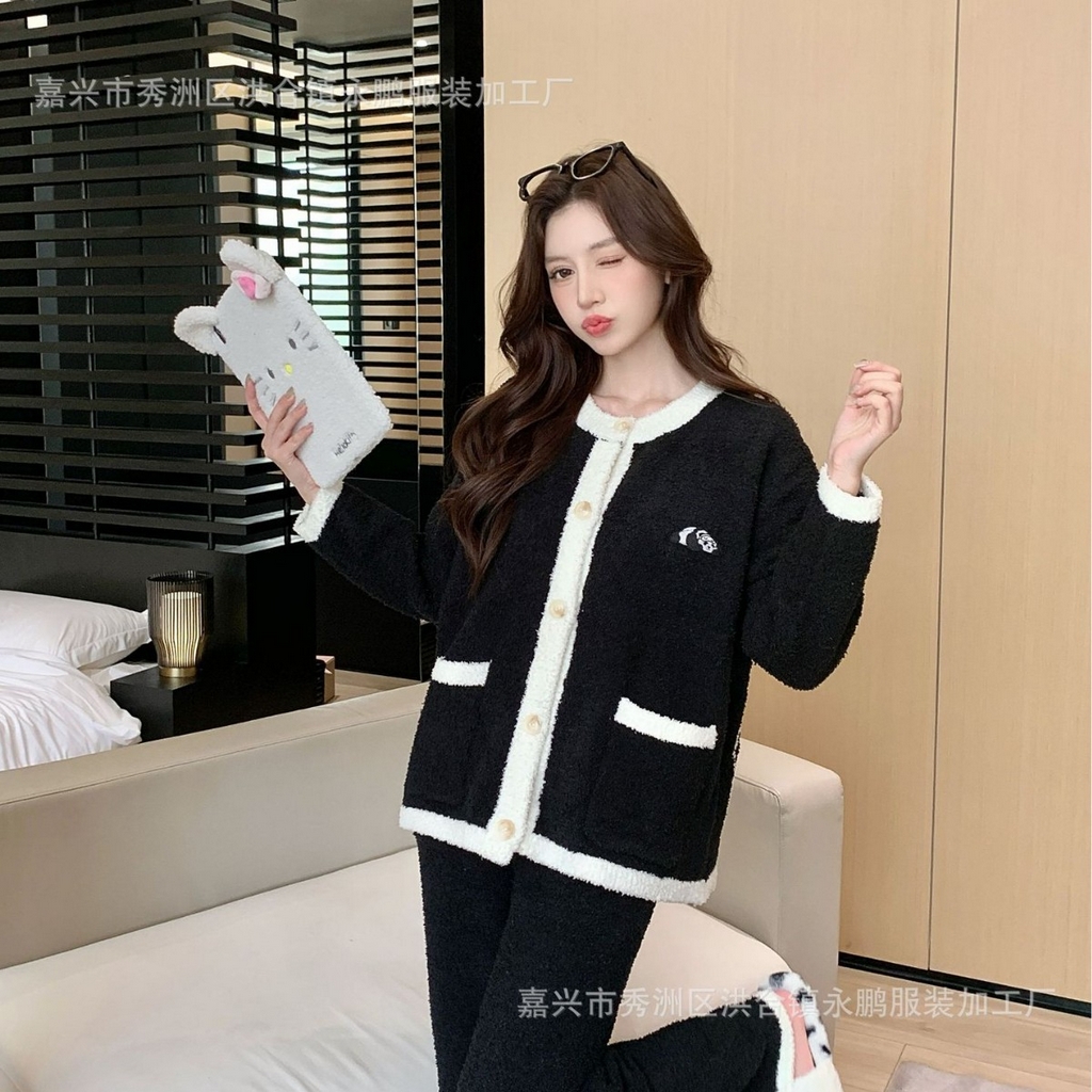 洛兰沙家居馆 2025新款半边绒睡衣女高级感开衫直筒裤家居服加厚可外穿百搭睡衣家居服 半边绒3