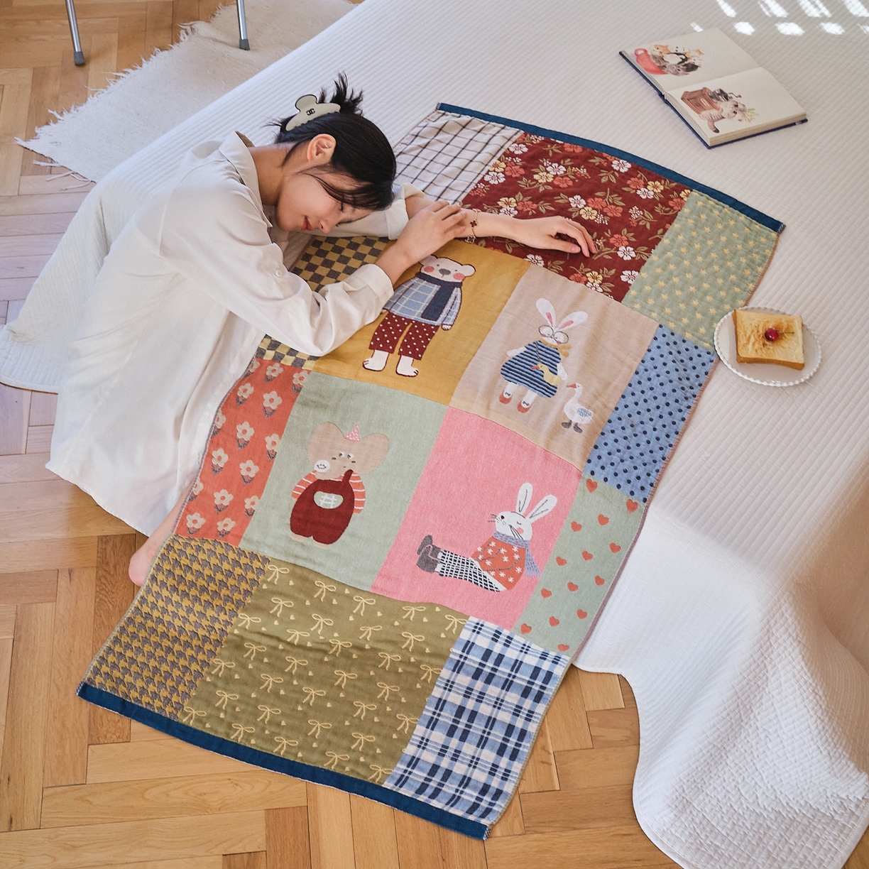 91家纺网 家纺一手货源 找家纺 沐瑟家纺 2025新款卡通A类全棉四层纱布浴巾加大毛巾-第四组 春日田园 150*75cm