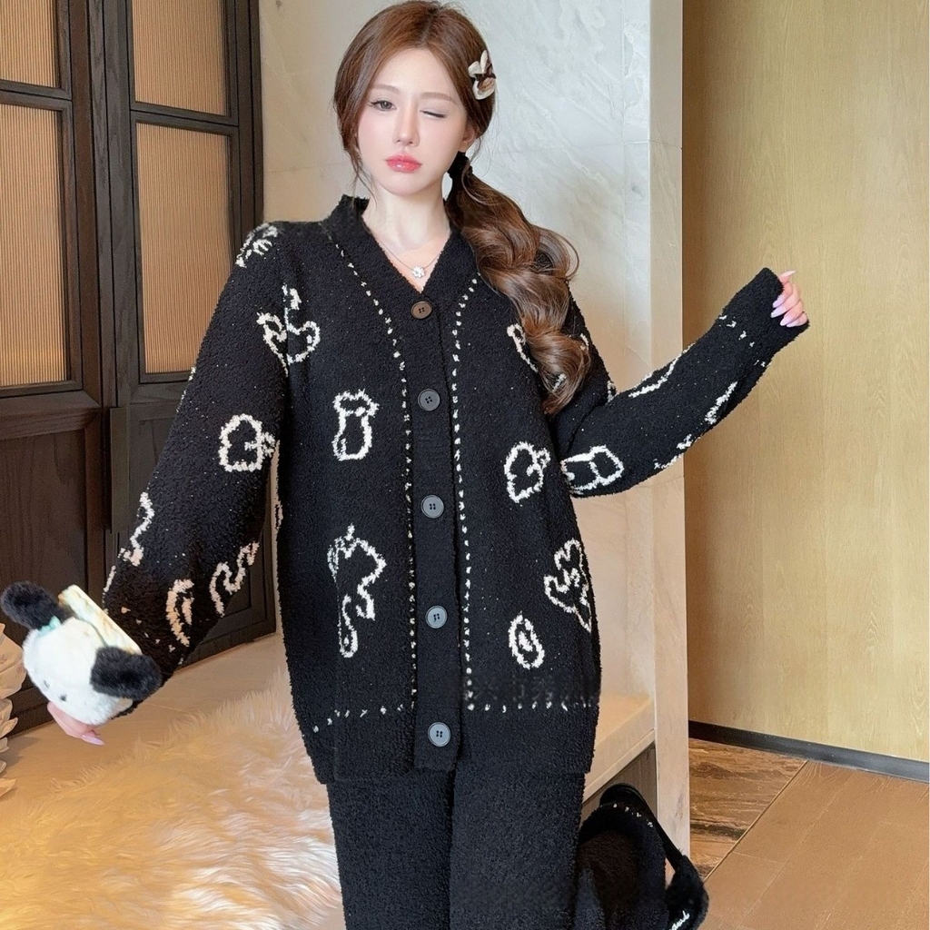 洛兰沙家居馆 2025新款半边绒睡衣女高级感开衫直筒裤家居服加厚可外穿百搭睡衣家居服 半边绒30