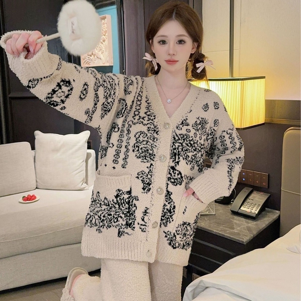 洛兰沙家居馆 2025新款半边绒睡衣女高级感开衫直筒裤家居服加厚可外穿百搭睡衣家居服 半边绒5