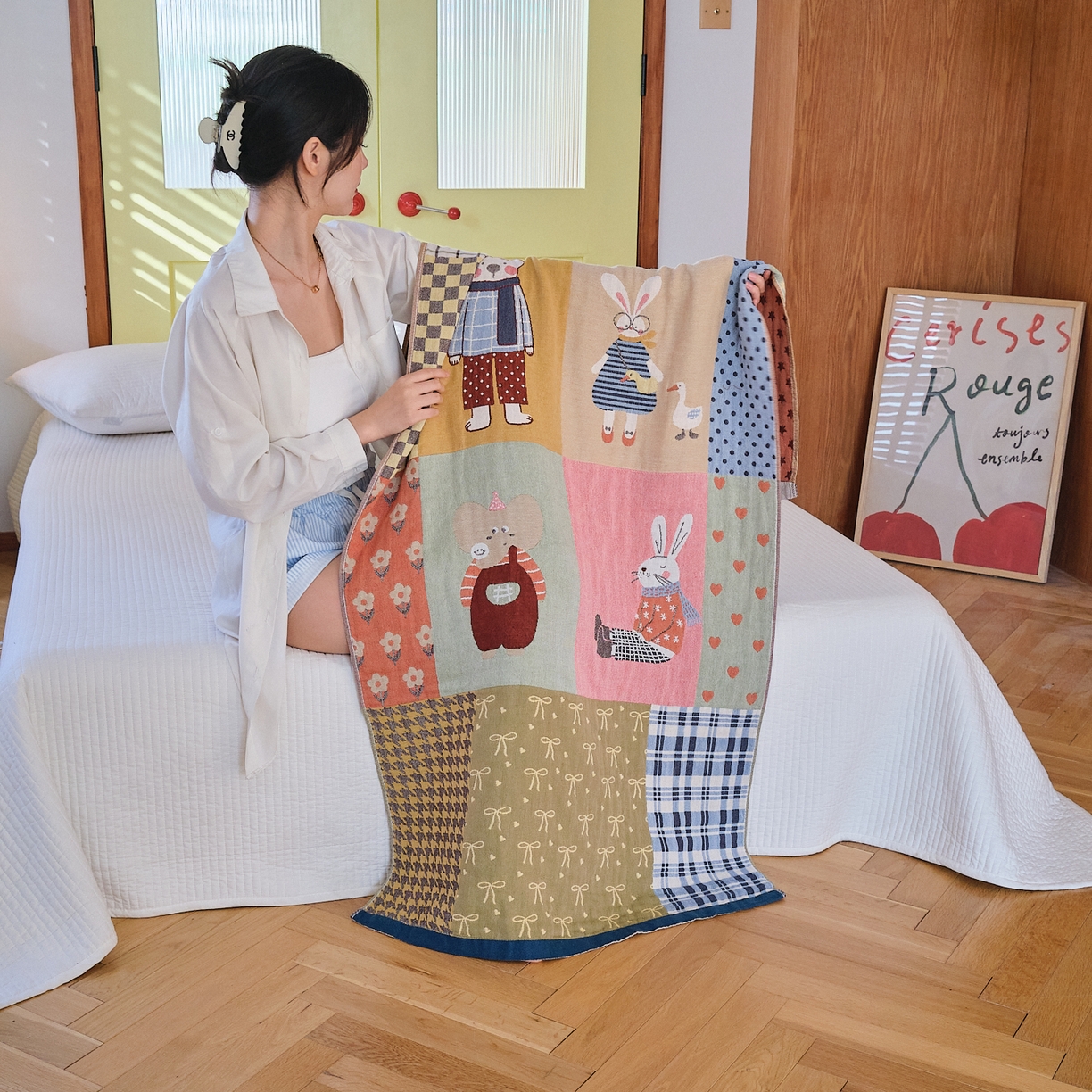 91家纺网 家纺一手货源 找家纺 沐瑟家纺 2025新款卡通A类全棉四层纱布浴巾加大毛巾-第四组 春日田园 150*75cm