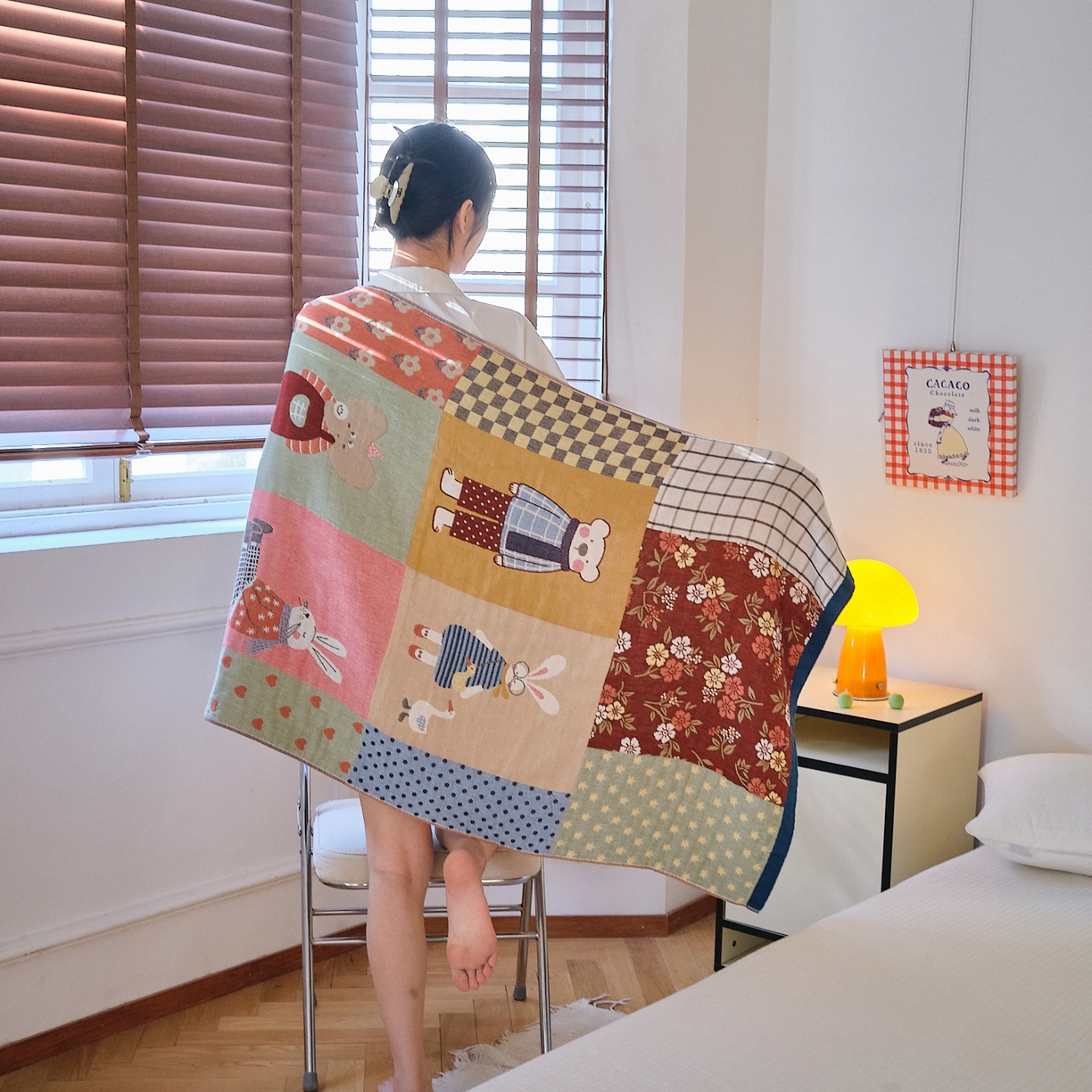 91家纺网 家纺一手货源 找家纺 沐瑟家纺 2025新款卡通A类全棉四层纱布浴巾加大毛巾-第四组 春日田园 150*75cm