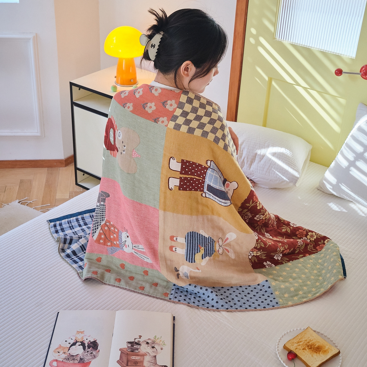 91家纺网 家纺一手货源 找家纺 沐瑟家纺 2025新款卡通A类全棉四层纱布浴巾加大毛巾-第四组 春日田园 150*75cm