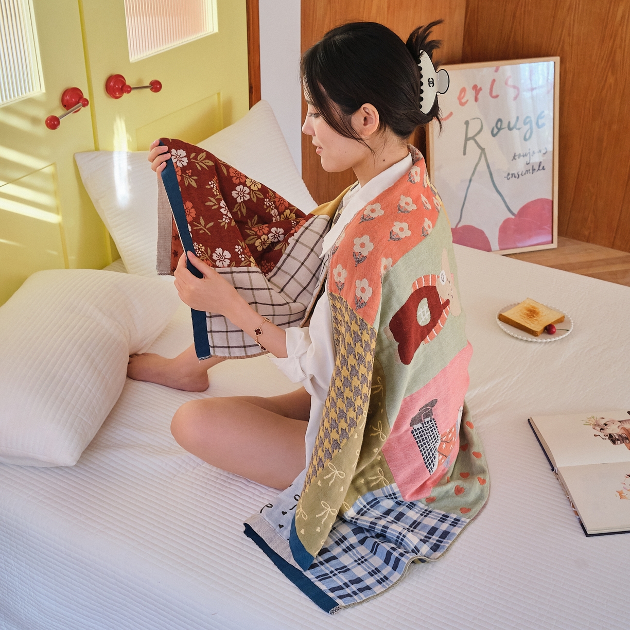 91家纺网 家纺一手货源 找家纺 沐瑟家纺 2025新款卡通A类全棉四层纱布浴巾加大毛巾-第四组 春日田园 150*75cm