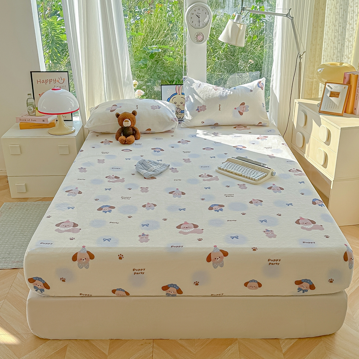 91家纺网 家纺一手货源 找家纺 沐芷 2025 加厚高克重牛奶绒床笠单件/床笠三件套  床笠款床罩床垫保护套罩 【绒】蓝波点印记