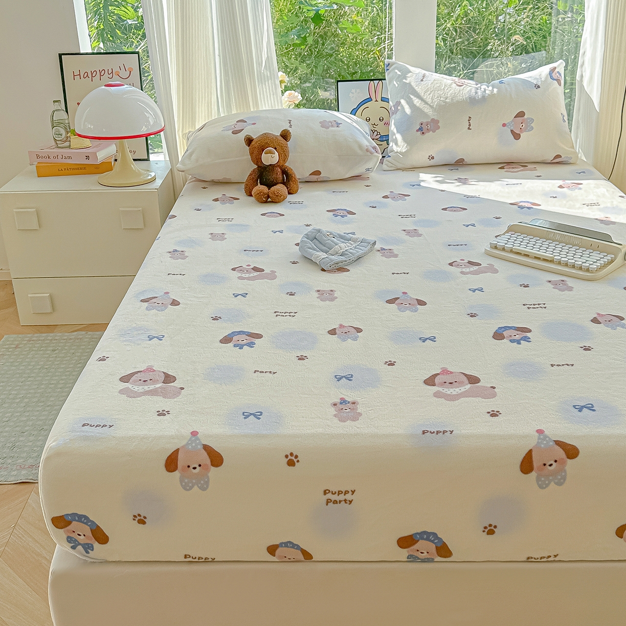 91家纺网 家纺一手货源 找家纺 沐芷 2025 加厚高克重牛奶绒床笠单件/床笠三件套  床笠款床罩床垫保护套罩 【绒】蓝波点印记