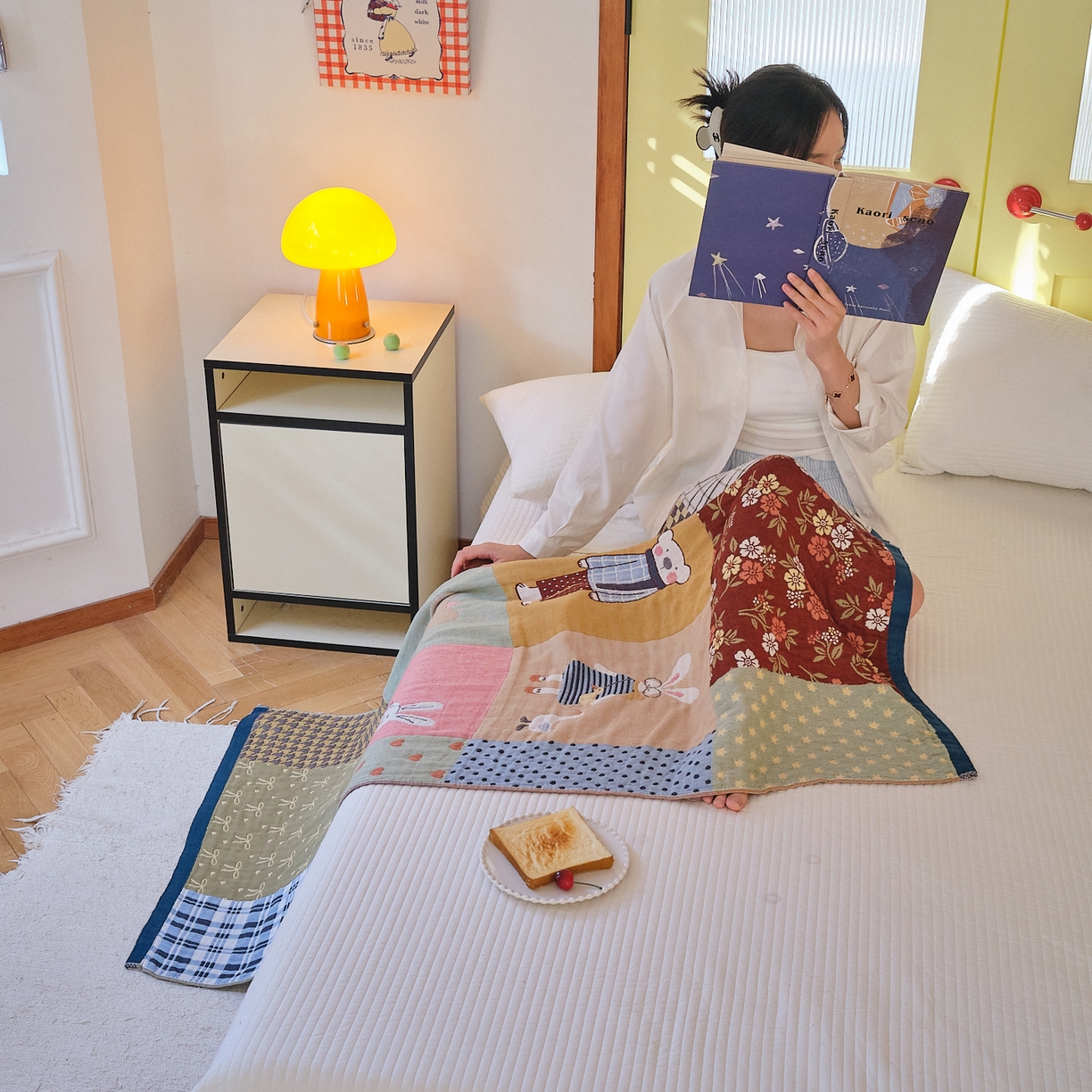 91家纺网 家纺一手货源 找家纺 沐瑟家纺 2025新款卡通A类全棉四层纱布浴巾加大毛巾-第四组 春日田园 150*75cm