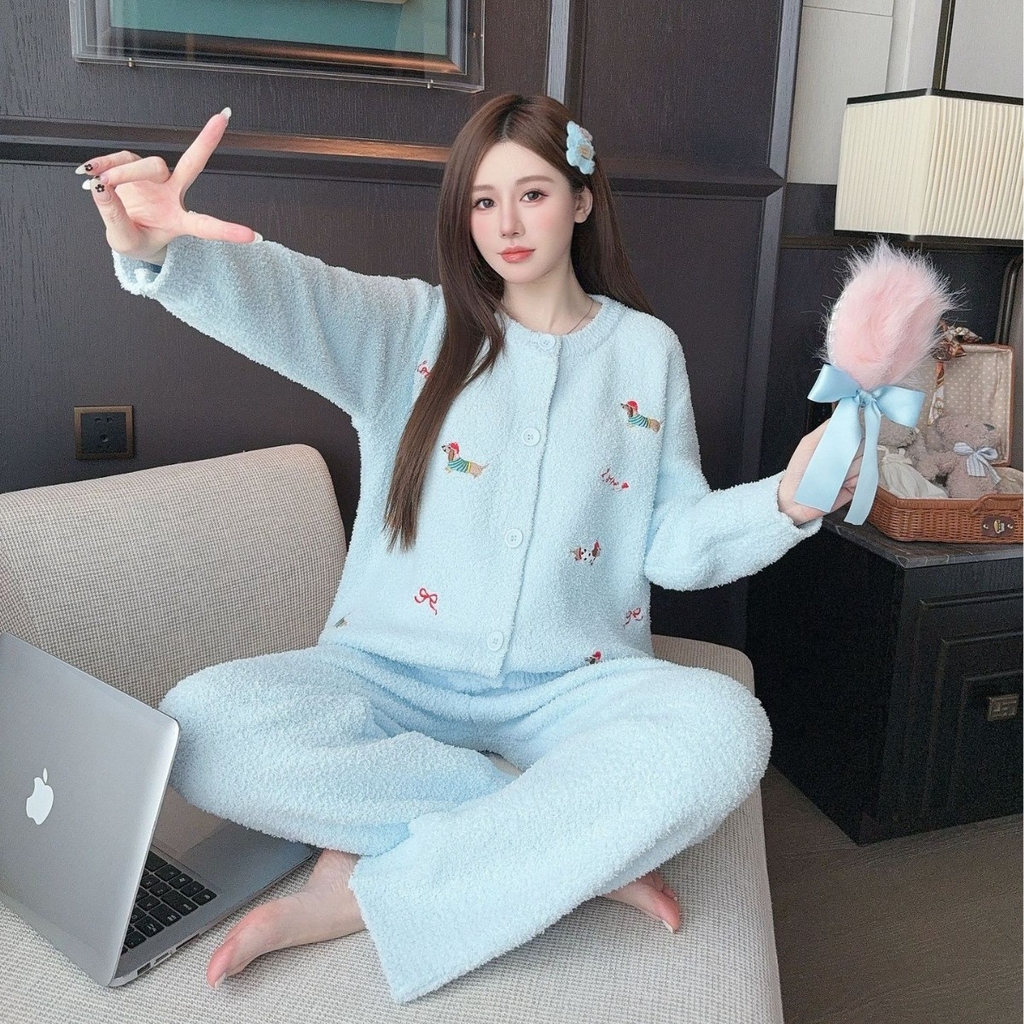 洛兰沙家居馆 2025新款半边绒睡衣女高级感开衫直筒裤家居服加厚可外穿百搭睡衣家居服 半边绒26