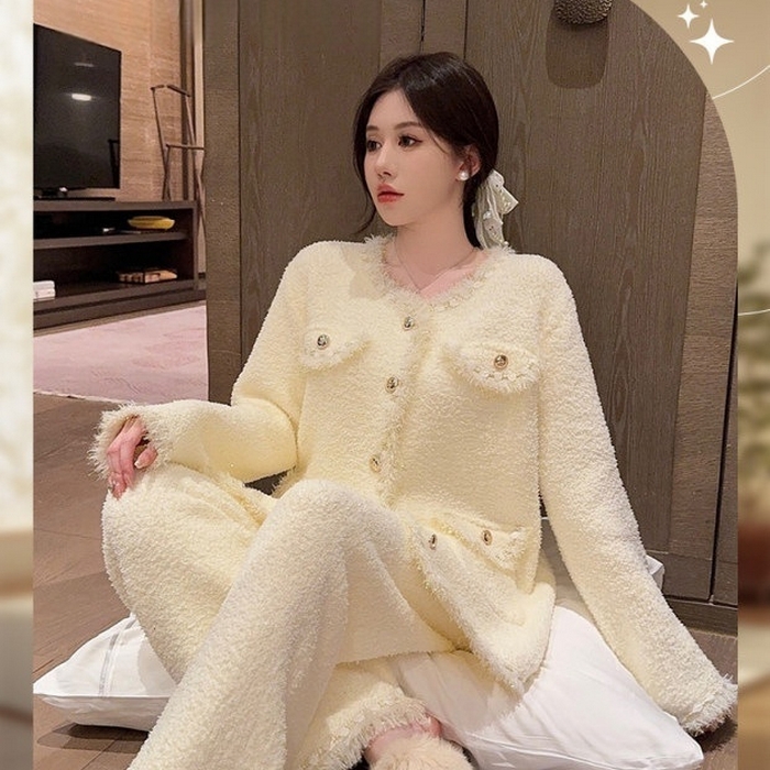 洛兰沙家居馆 2025新款半边绒睡衣女高级感开衫直筒裤家居服加厚可外穿百搭睡衣家居服 半边绒4