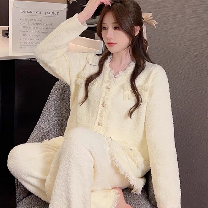 洛兰沙家居馆 2025新款半边绒睡衣女高级感开衫直筒裤家居服加厚可外穿百搭睡衣家居服 半边绒10