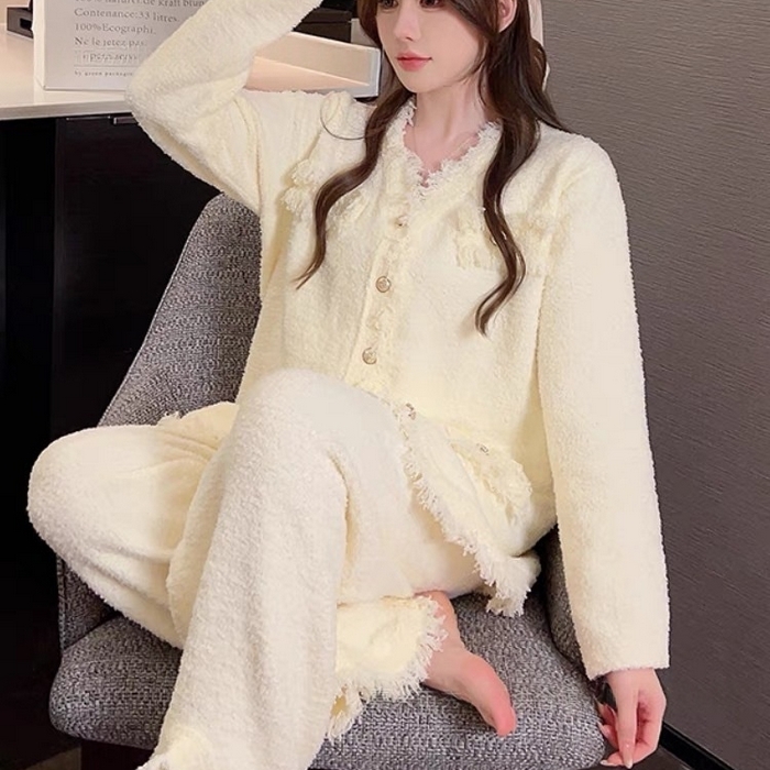 91家纺网 家纺一手货源 找家纺 洛兰沙家居馆 2025新款半边绒睡衣女高级感开衫直筒裤家居服加厚可外穿百搭睡衣家居服 半边绒10