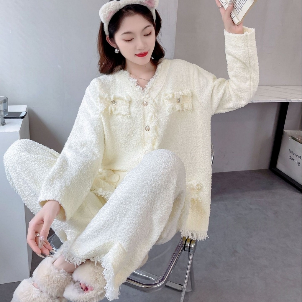 91家纺网 家纺一手货源 找家纺 洛兰沙家居馆 2025新款半边绒睡衣女高级感开衫直筒裤家居服加厚可外穿百搭睡衣家居服 半边绒10