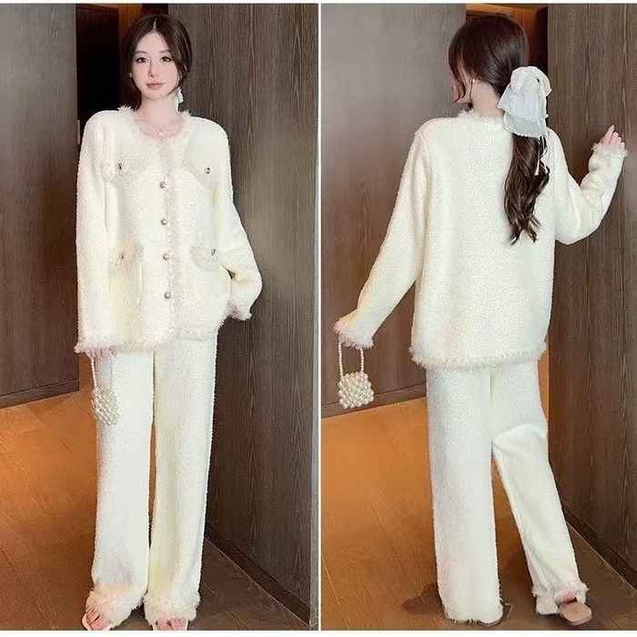 91家纺网 家纺一手货源 找家纺 洛兰沙家居馆 2025新款半边绒睡衣女高级感开衫直筒裤家居服加厚可外穿百搭睡衣家居服 半边绒4