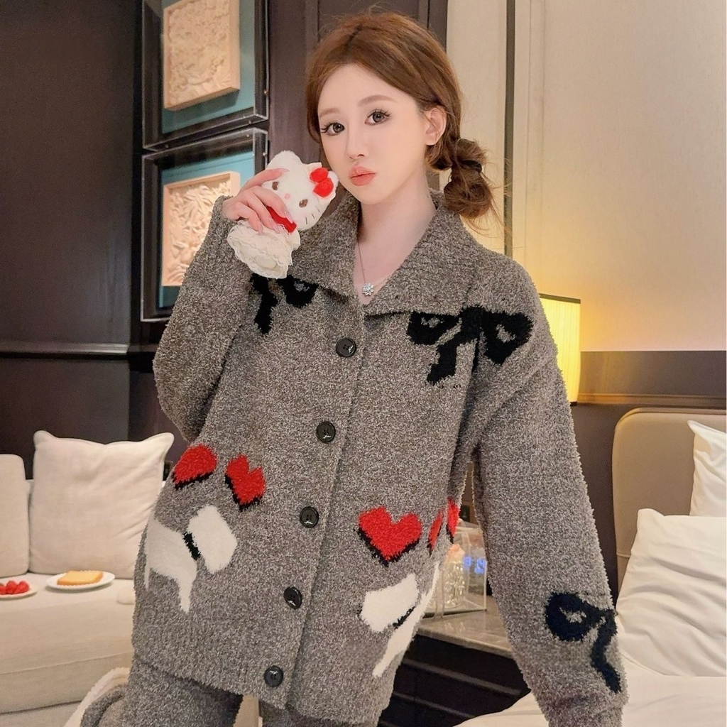 91家纺网 家纺一手货源 找家纺 洛兰沙家居馆 2025新款半边绒睡衣女高级感开衫直筒裤家居服加厚可外穿百搭睡衣家居服 半边绒2