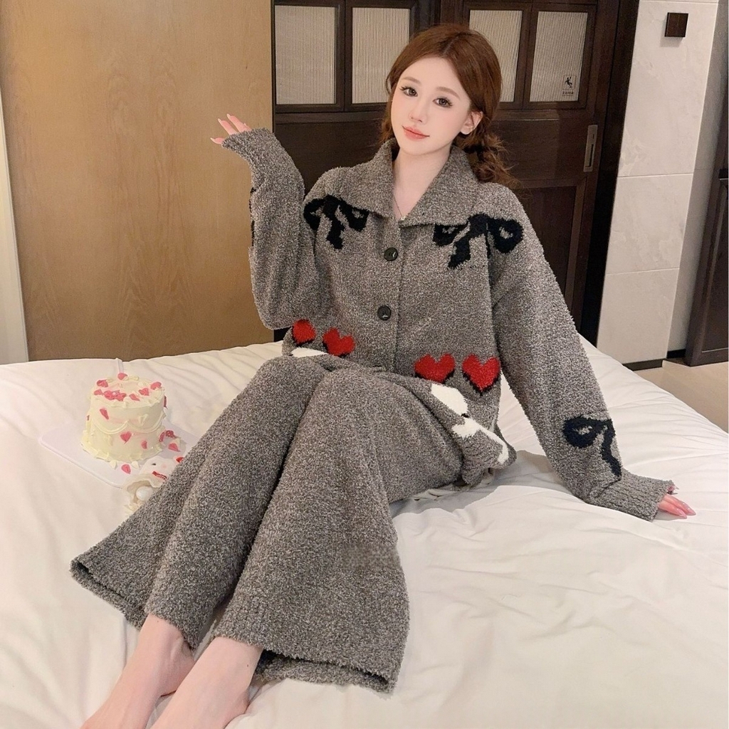 91家纺网 家纺一手货源 找家纺 洛兰沙家居馆 2025新款半边绒睡衣女高级感开衫直筒裤家居服加厚可外穿百搭睡衣家居服 半边绒2