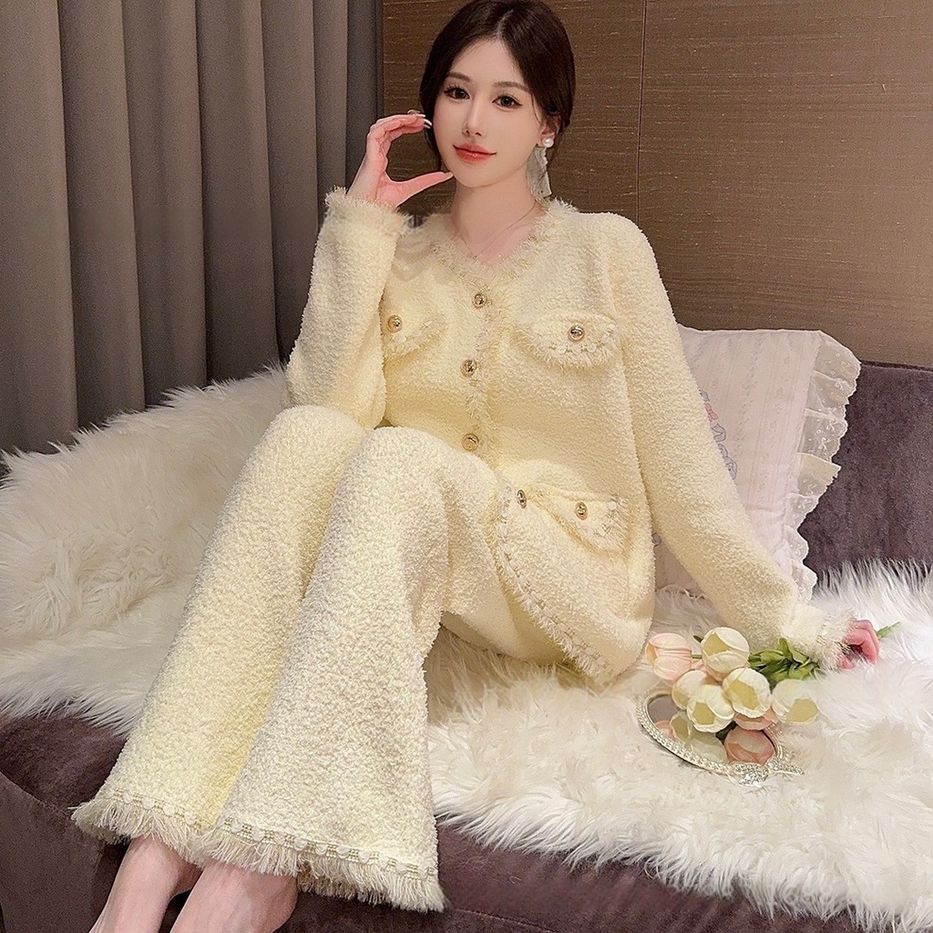 91家纺网 家纺一手货源 找家纺 洛兰沙家居馆 2025新款半边绒睡衣女高级感开衫直筒裤家居服加厚可外穿百搭睡衣家居服 半边绒4