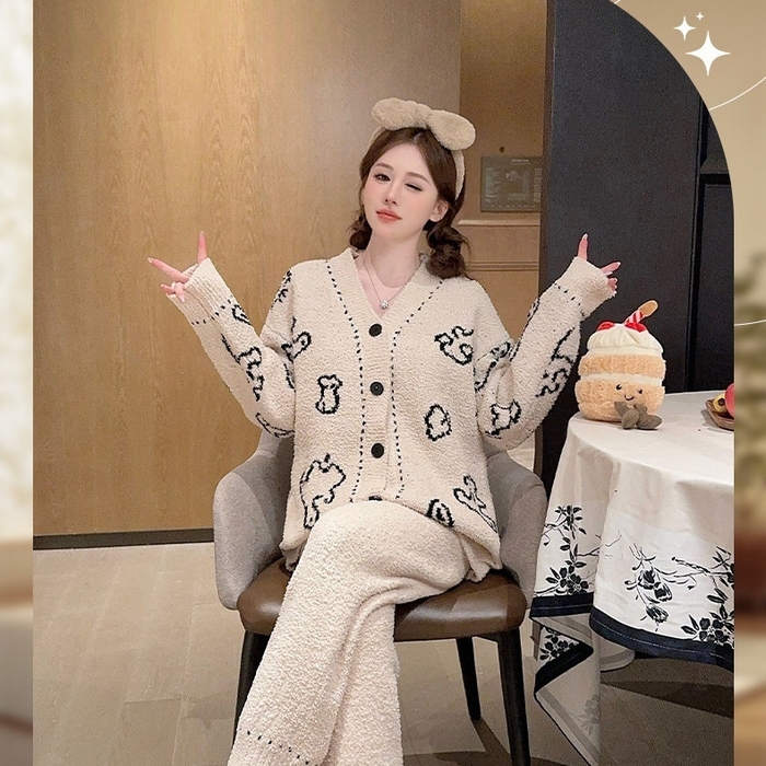 91家纺网 家纺一手货源 找家纺 洛兰沙家居馆 2025新款半边绒睡衣女高级感开衫直筒裤家居服加厚可外穿百搭睡衣家居服 半边绒7