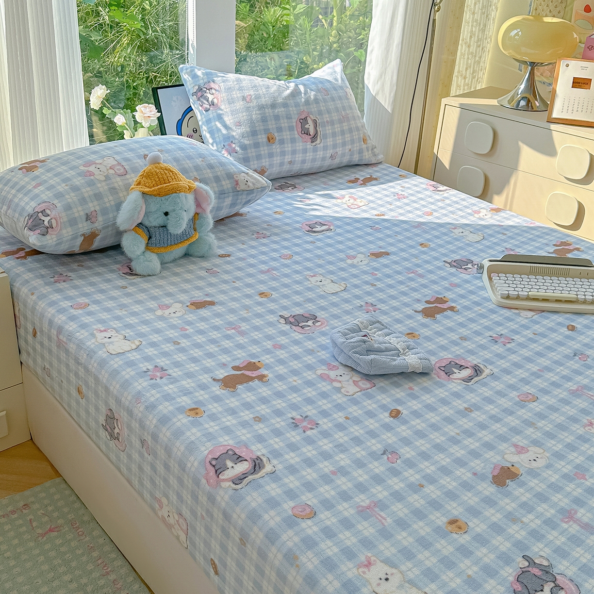 91家纺网 家纺一手货源 找家纺 沐芷 2025 加厚高克重牛奶绒床笠单件/床笠三件套  床笠款床罩床垫保护套罩 【绒】蓝色小窝