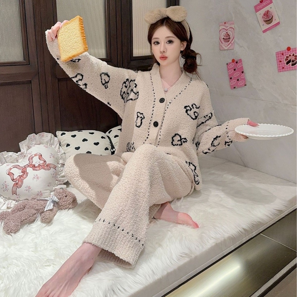 91家纺网 家纺一手货源 找家纺 洛兰沙家居馆 2025新款半边绒睡衣女高级感开衫直筒裤家居服加厚可外穿百搭睡衣家居服 半边绒7