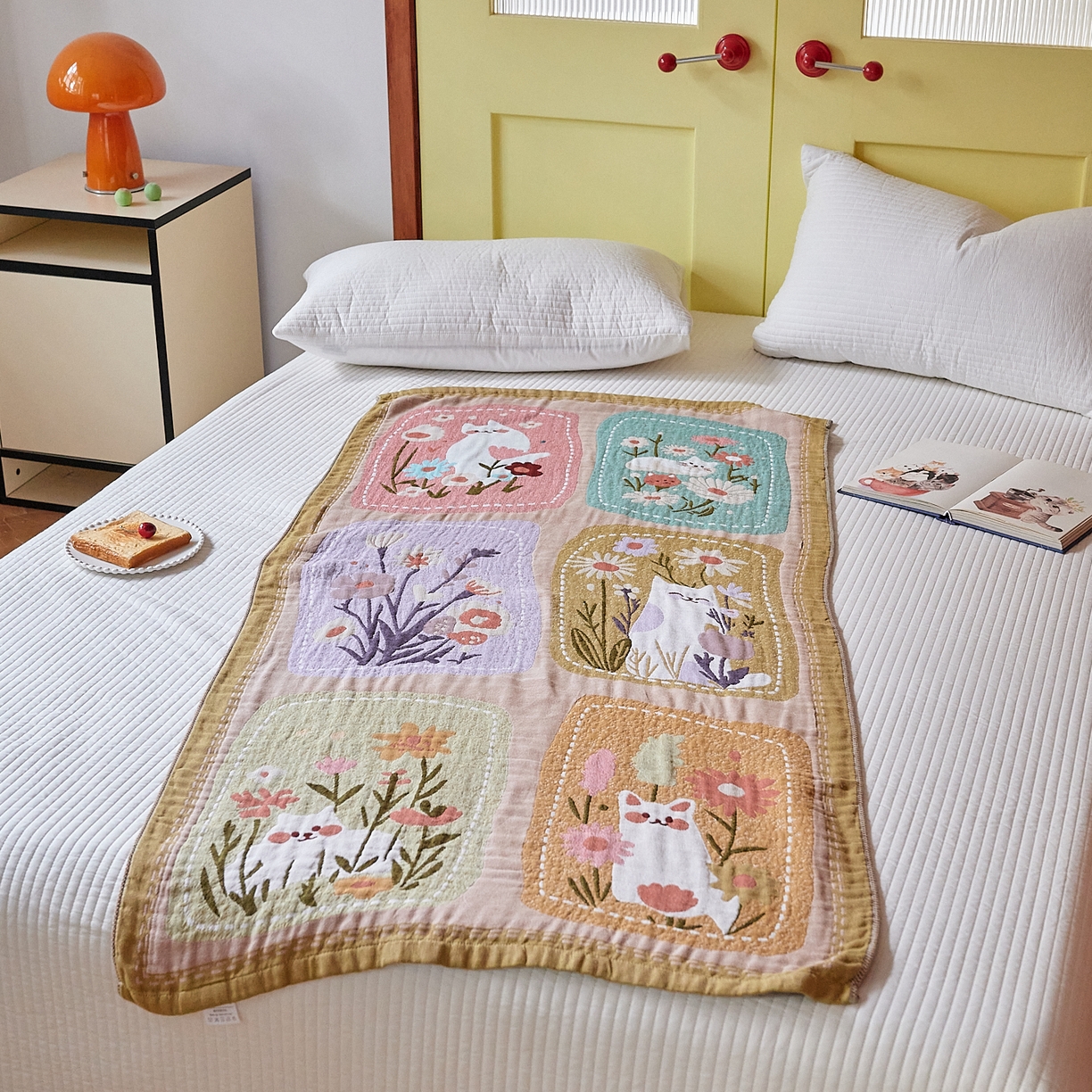 91家纺网 家纺一手货源 找家纺 沐瑟家纺 2025新款卡通A类全棉四层纱布浴巾加大毛巾-第四组 花丛猫 150*75cm