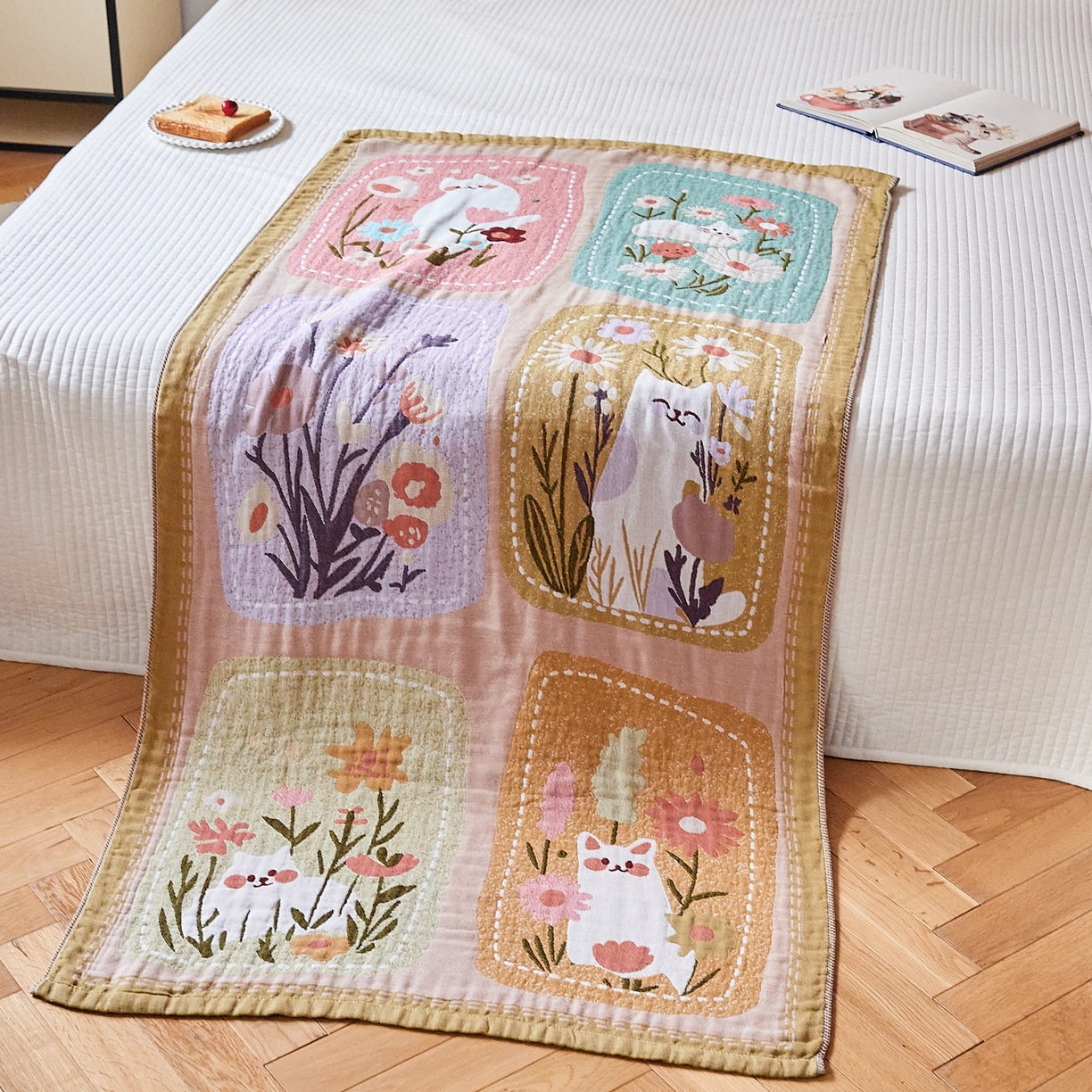 91家纺网 家纺一手货源 找家纺 沐瑟家纺 2025新款卡通A类全棉四层纱布浴巾加大毛巾-第四组 花丛猫 150*75cm