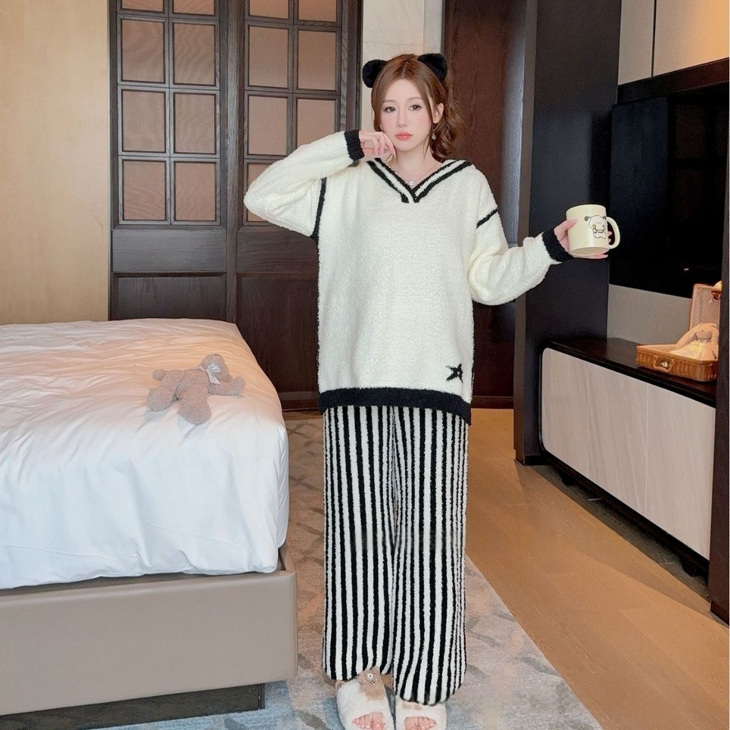 91家纺网 家纺一手货源 找家纺 洛兰沙家居馆 2025新款半边绒睡衣女高级感开衫直筒裤家居服加厚可外穿百搭睡衣家居服 半边绒6