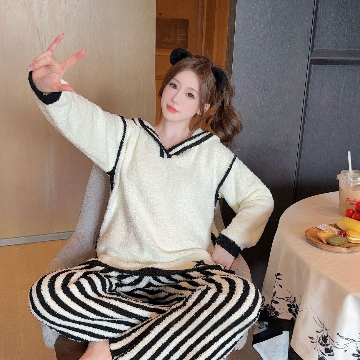 洛兰沙家居馆 2025新款半边绒睡衣女高级感开衫直筒裤家居服加厚可外穿百搭睡衣家居服 半边绒6