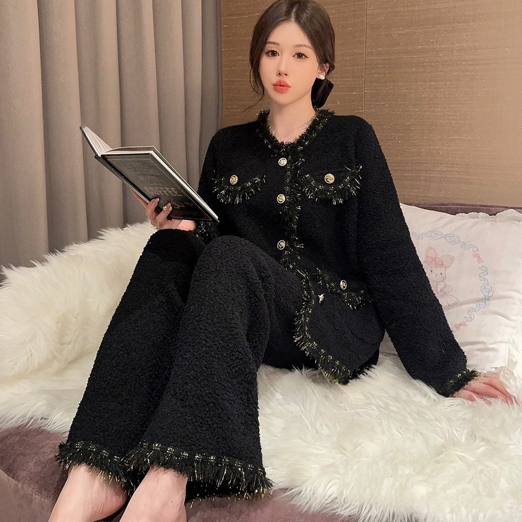 洛兰沙家居馆 2025新款半边绒睡衣女高级感开衫直筒裤家居服加厚可外穿百搭睡衣家居服 半边绒34
