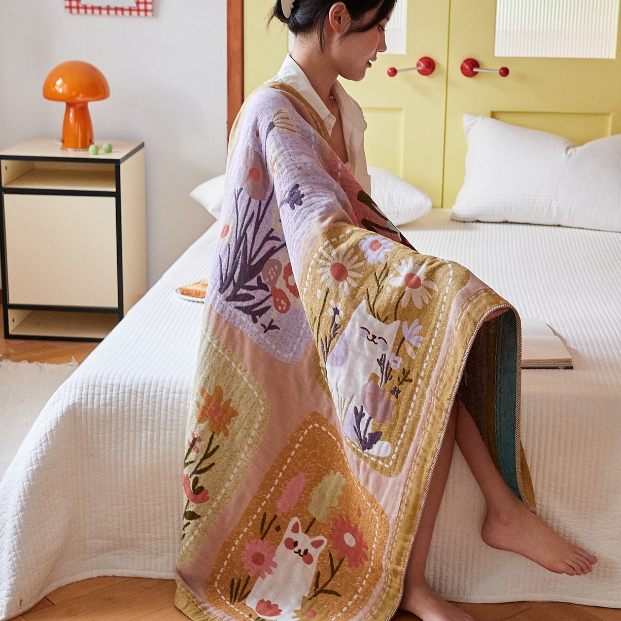 91家纺网 家纺一手货源 找家纺 沐瑟家纺 2025新款卡通A类全棉四层纱布浴巾加大毛巾-第四组 花丛猫 150*75cm