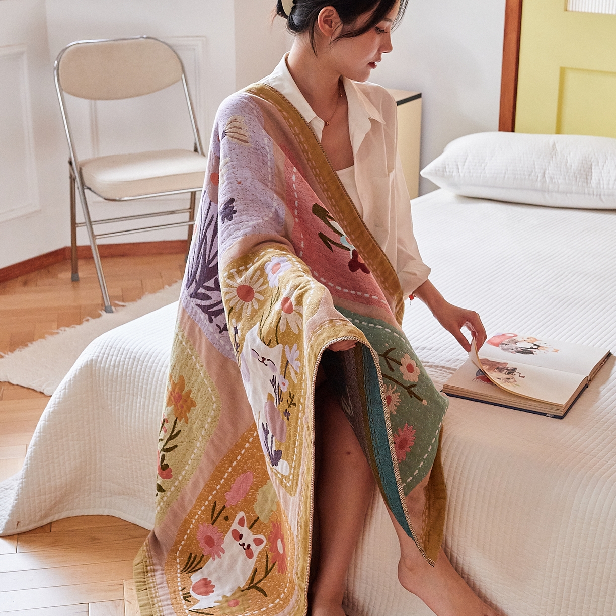 91家纺网 家纺一手货源 找家纺 沐瑟家纺 2025新款卡通A类全棉四层纱布浴巾加大毛巾-第四组 花丛猫 150*75cm