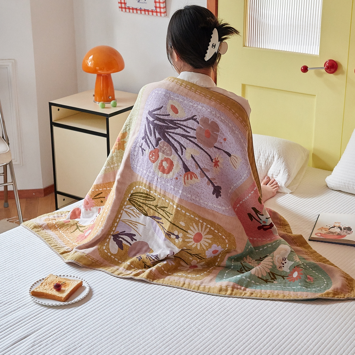 91家纺网 家纺一手货源 找家纺 沐瑟家纺 2025新款卡通A类全棉四层纱布浴巾加大毛巾-第四组 花丛猫 150*75cm