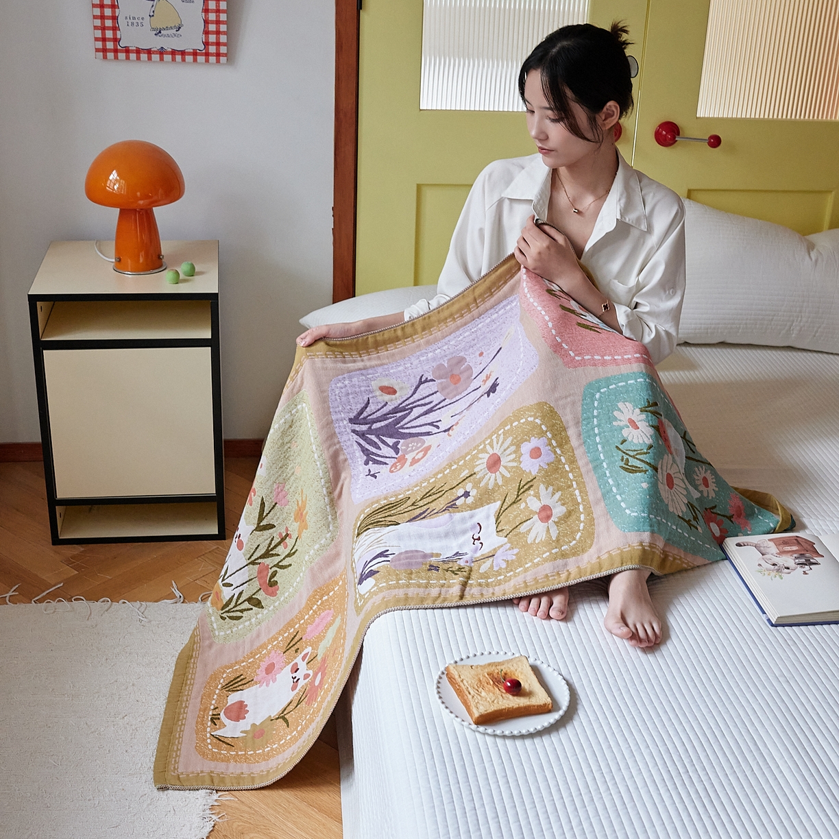 91家纺网 家纺一手货源 找家纺 沐瑟家纺 2025新款卡通A类全棉四层纱布浴巾加大毛巾-第四组 花丛猫 150*75cm