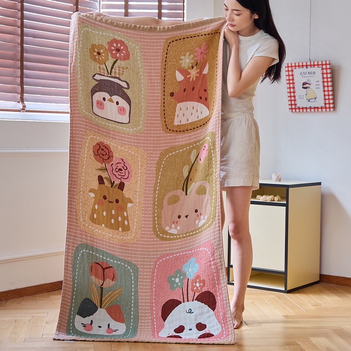 沐瑟家纺 2025新款卡通A类全棉四层纱布浴巾加大毛巾-第四组 卡通花园 150*75cm