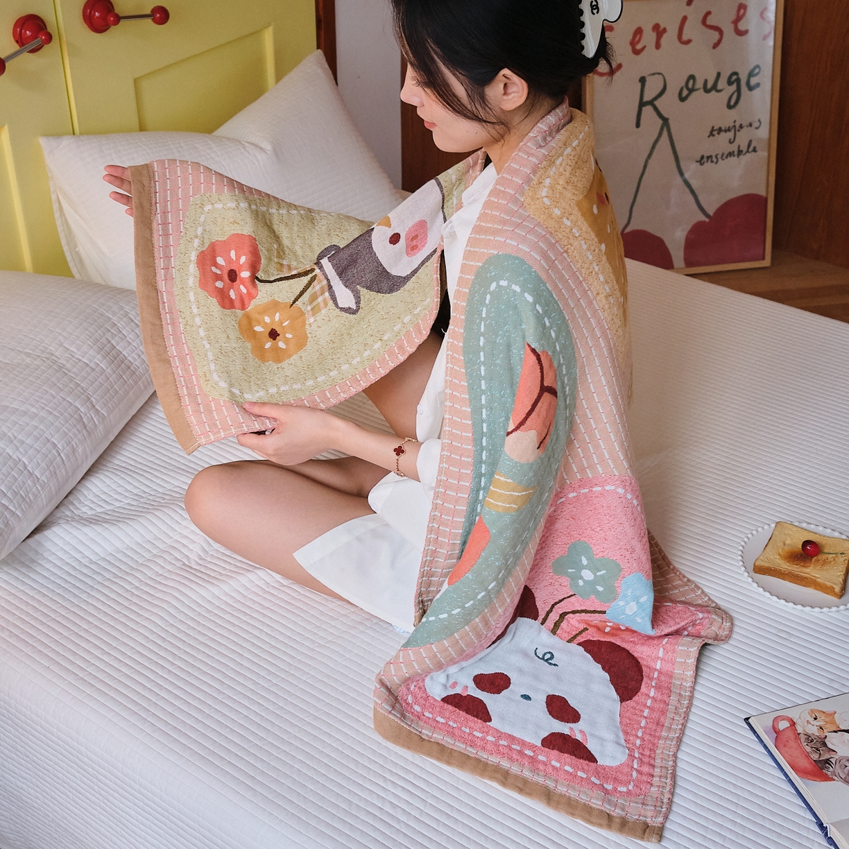 91家纺网 家纺一手货源 找家纺 沐瑟家纺 2025新款卡通A类全棉四层纱布浴巾加大毛巾-第四组 卡通花园 150*75cm