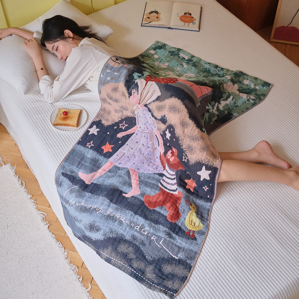 91家纺网 家纺一手货源 找家纺 沐瑟家纺 2025新款卡通A类全棉四层纱布浴巾加大毛巾-第四组 漫步 150*75cm