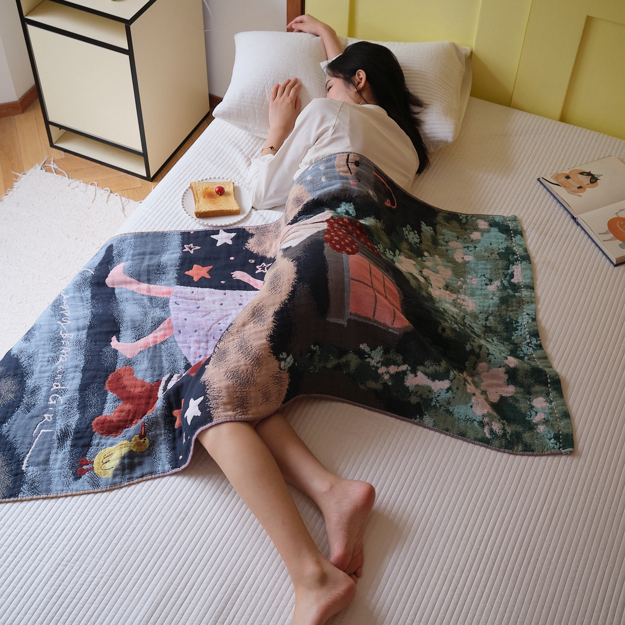 91家纺网 家纺一手货源 找家纺 沐瑟家纺 2025新款卡通A类全棉四层纱布浴巾加大毛巾-第四组 漫步 150*75cm