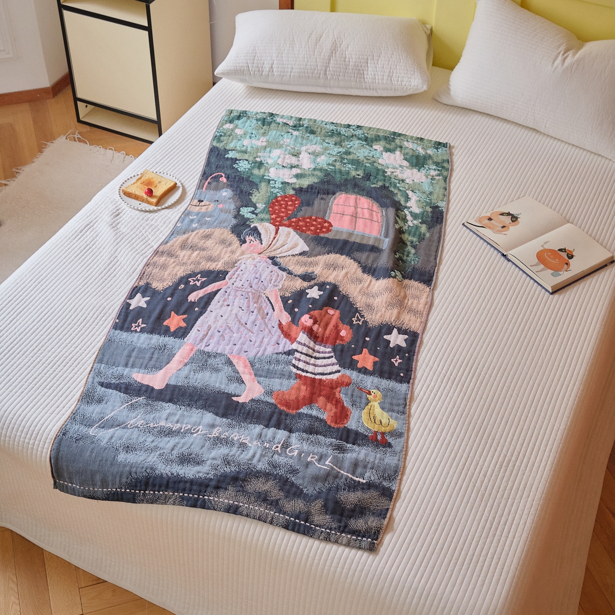 91家纺网 家纺一手货源 找家纺 沐瑟家纺 2025新款卡通A类全棉四层纱布浴巾加大毛巾-第四组 漫步 150*75cm