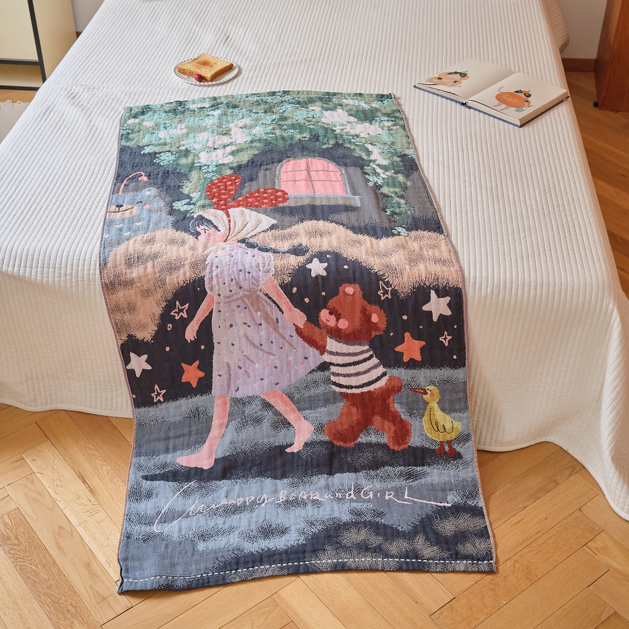 91家纺网 家纺一手货源 找家纺 沐瑟家纺 2025新款卡通A类全棉四层纱布浴巾加大毛巾-第四组 漫步 150*75cm