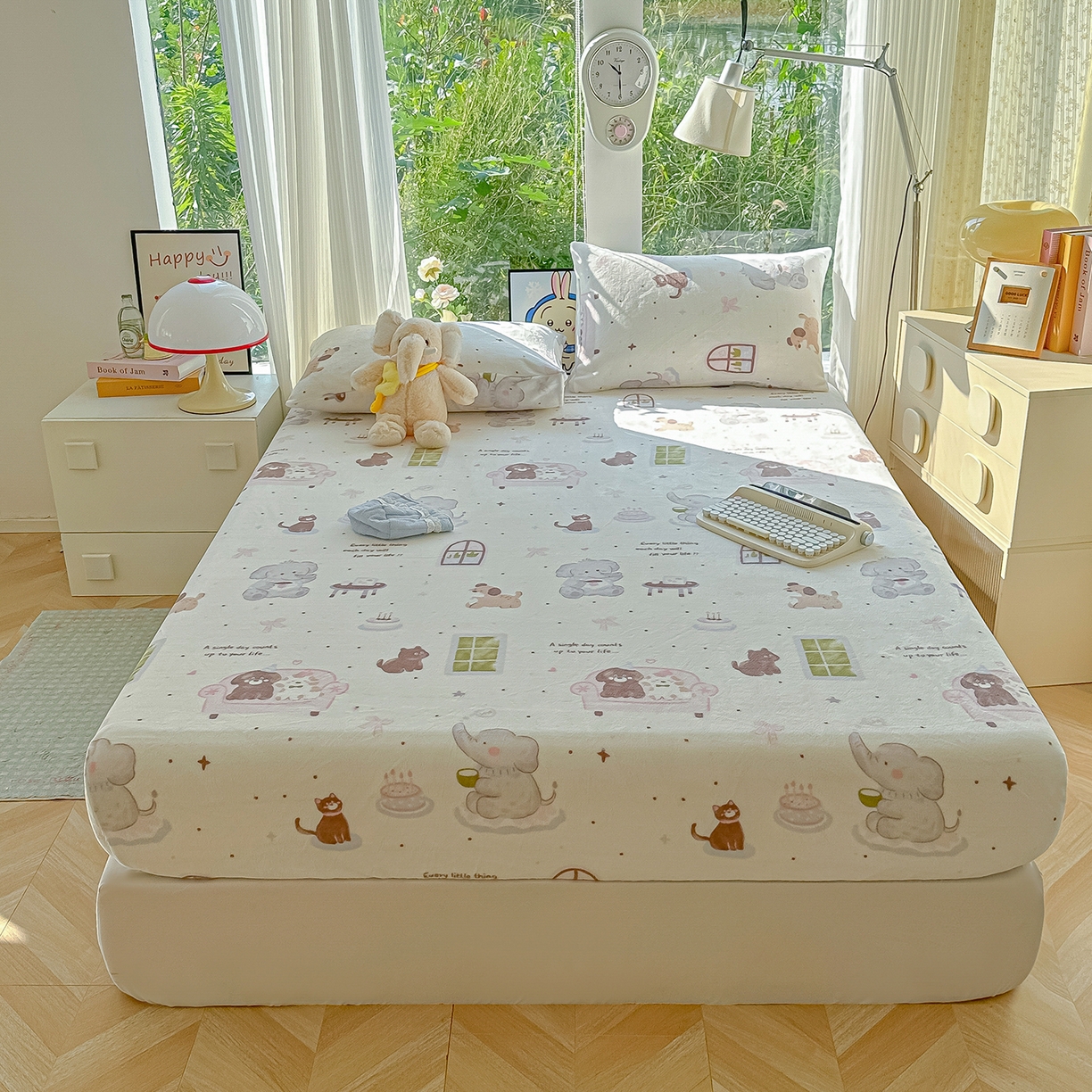 91家纺网 家纺一手货源 找家纺 沐芷 2025 加厚高克重牛奶绒床笠单件/床笠三件套  床笠款床罩床垫保护套罩 【绒】软萌小象