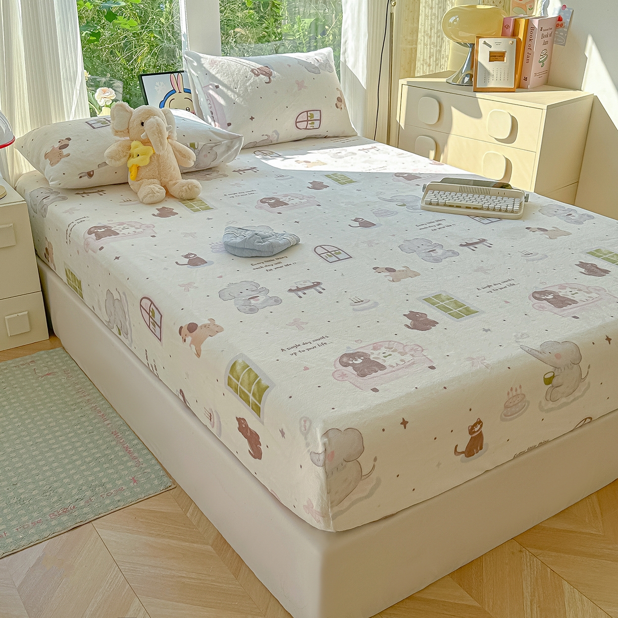 91家纺网 家纺一手货源 找家纺 沐芷 2025 加厚高克重牛奶绒床笠单件/床笠三件套  床笠款床罩床垫保护套罩 【绒】软萌小象