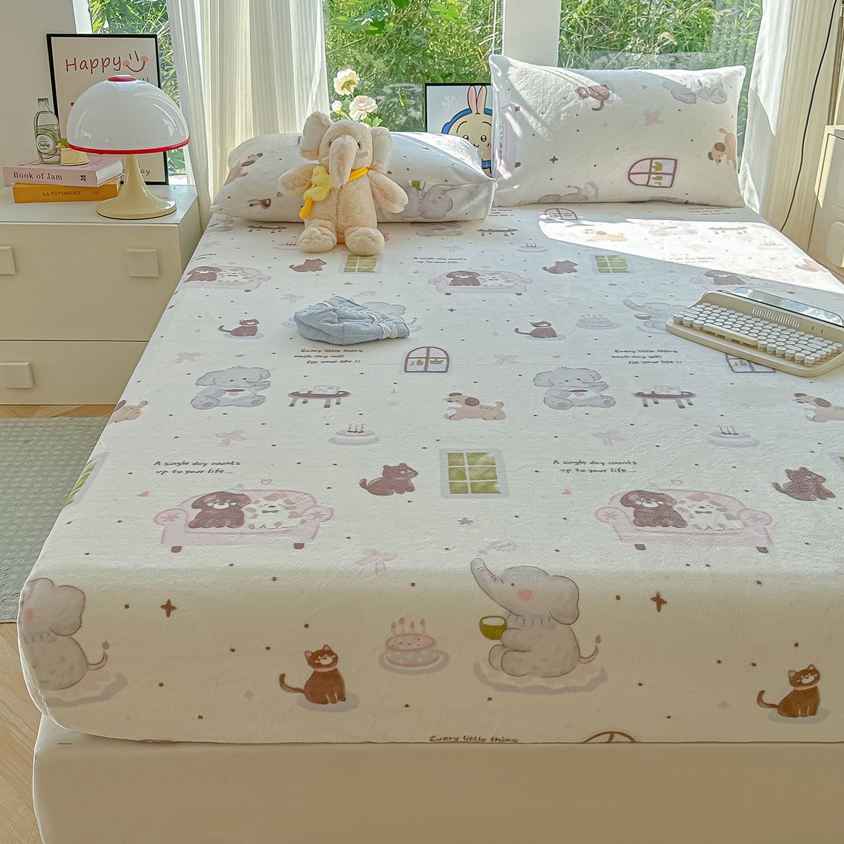 91家纺网 家纺一手货源 找家纺 沐芷 2025 加厚高克重牛奶绒床笠单件/床笠三件套  床笠款床罩床垫保护套罩 【绒】软萌小象