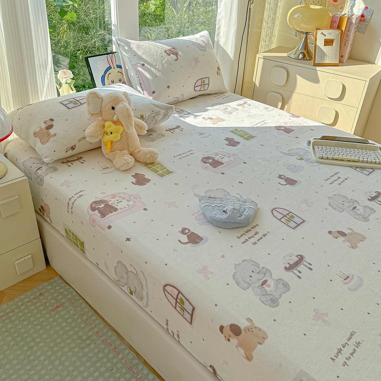 91家纺网 家纺一手货源 找家纺 沐芷 2025 加厚高克重牛奶绒床笠单件/床笠三件套  床笠款床罩床垫保护套罩 【绒】软萌小象