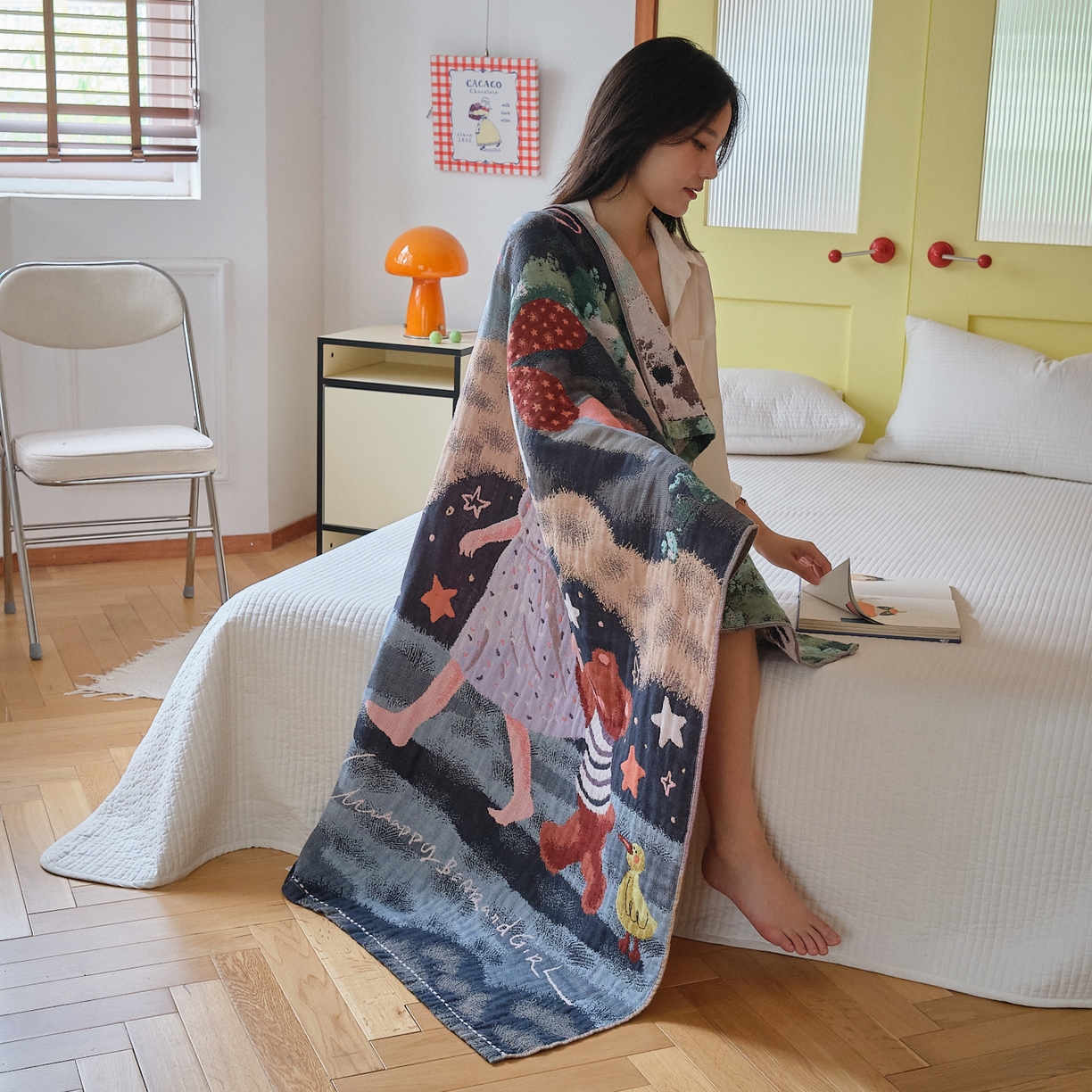 91家纺网 家纺一手货源 找家纺 沐瑟家纺 2025新款卡通A类全棉四层纱布浴巾加大毛巾-第四组 漫步 150*75cm