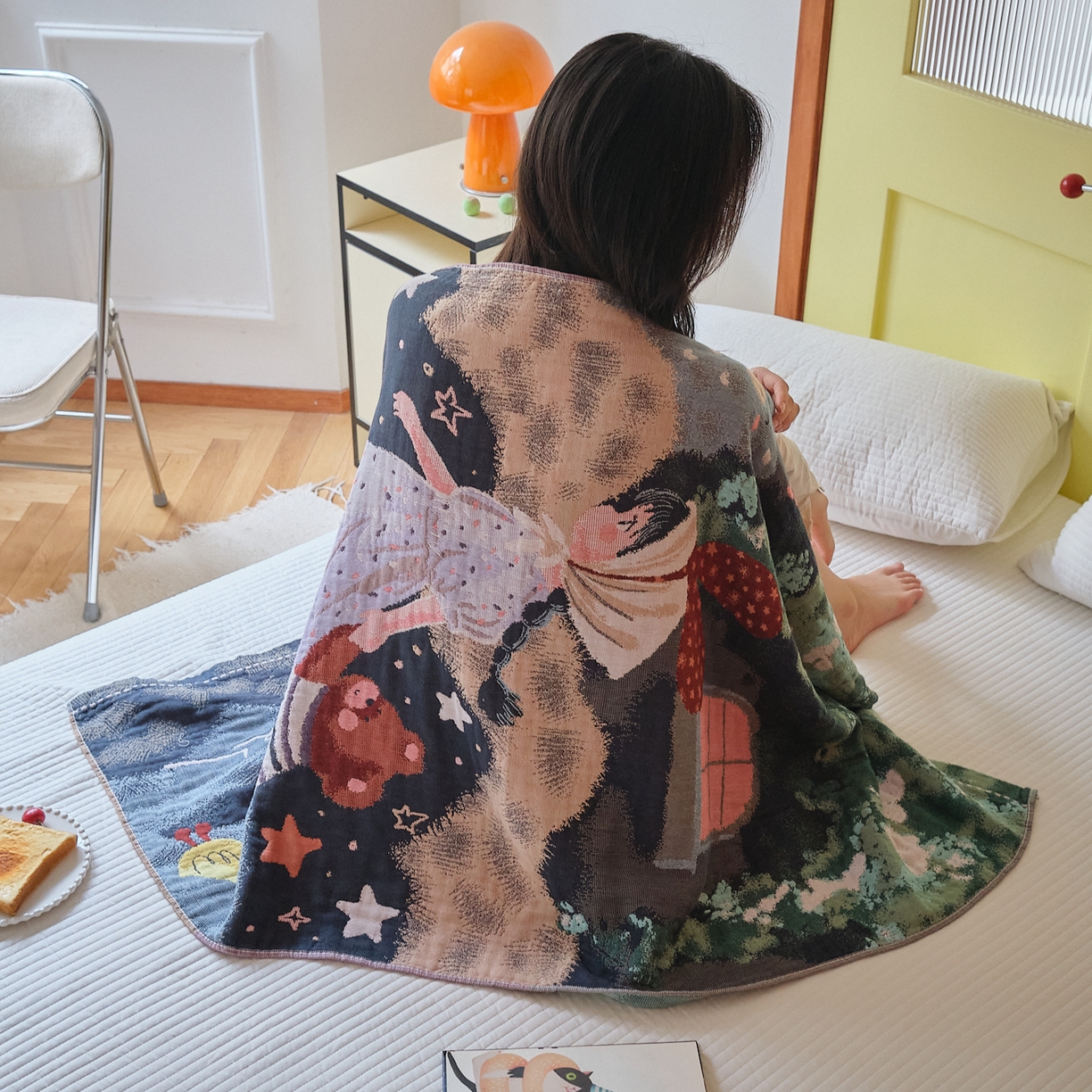 91家纺网 家纺一手货源 找家纺 沐瑟家纺 2025新款卡通A类全棉四层纱布浴巾加大毛巾-第四组 漫步 150*75cm