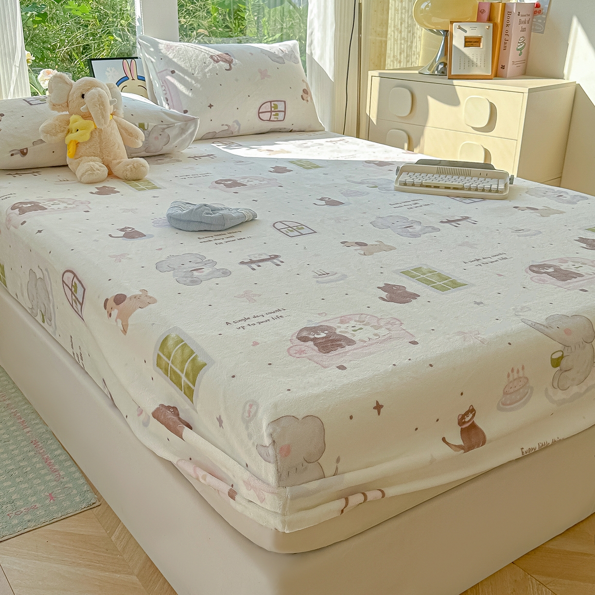 91家纺网 家纺一手货源 找家纺 沐芷 2025 加厚高克重牛奶绒床笠单件/床笠三件套  床笠款床罩床垫保护套罩 【绒】软萌小象